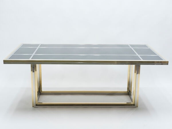 Table à manger chrome et laiton verre noir Romeo Rega 1970