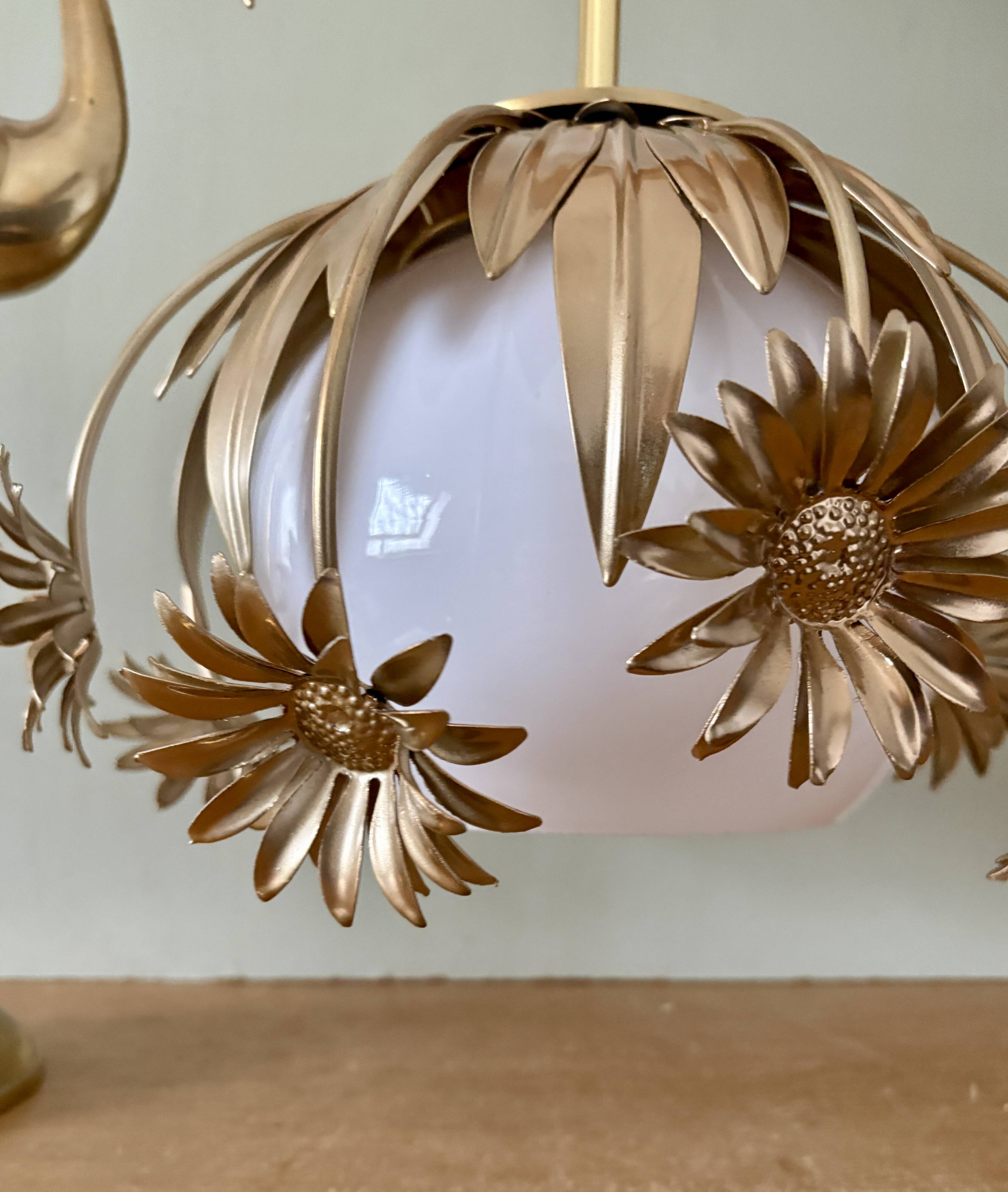 Pendant light in gilded metal and antique opaline globe