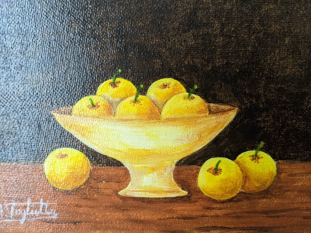 Petit tableau huile sur toile nature morte jaune & marron esprit campagne