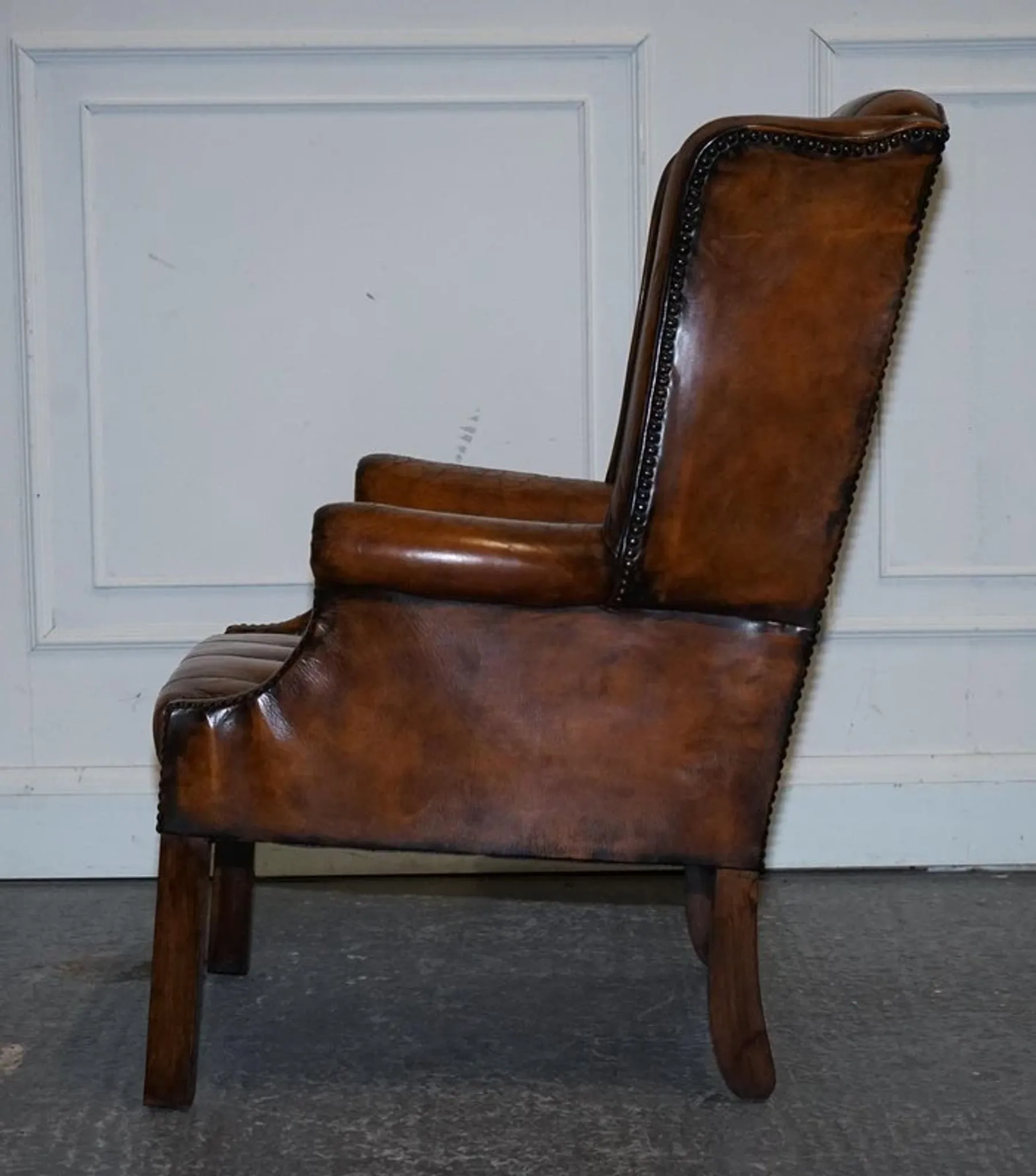 Chesterfield Wingback Armchair Set in Hand-Dyed Brown Leather, 1960s