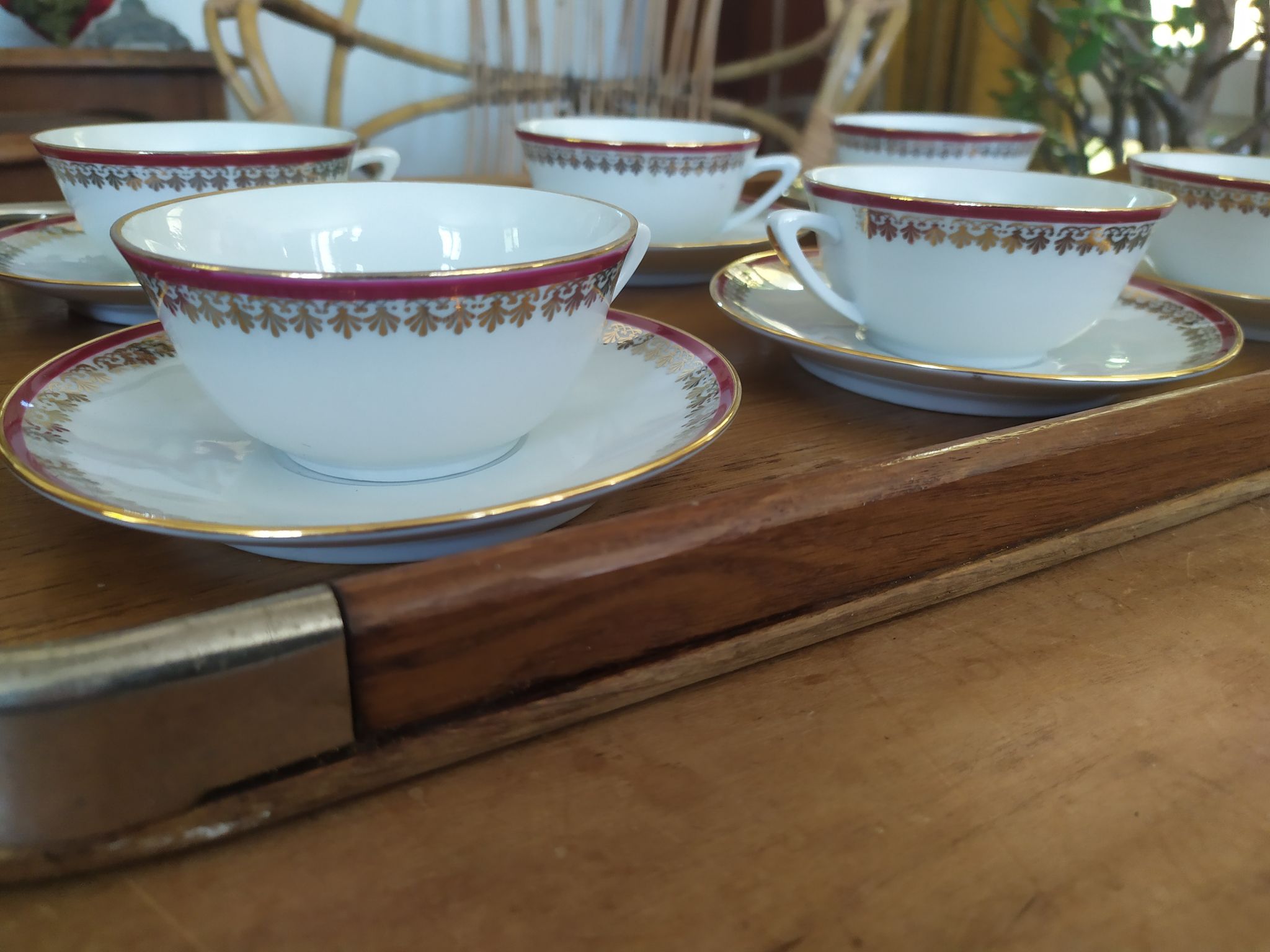 6 Pillivuyt pink and gold porcelain coffee cups