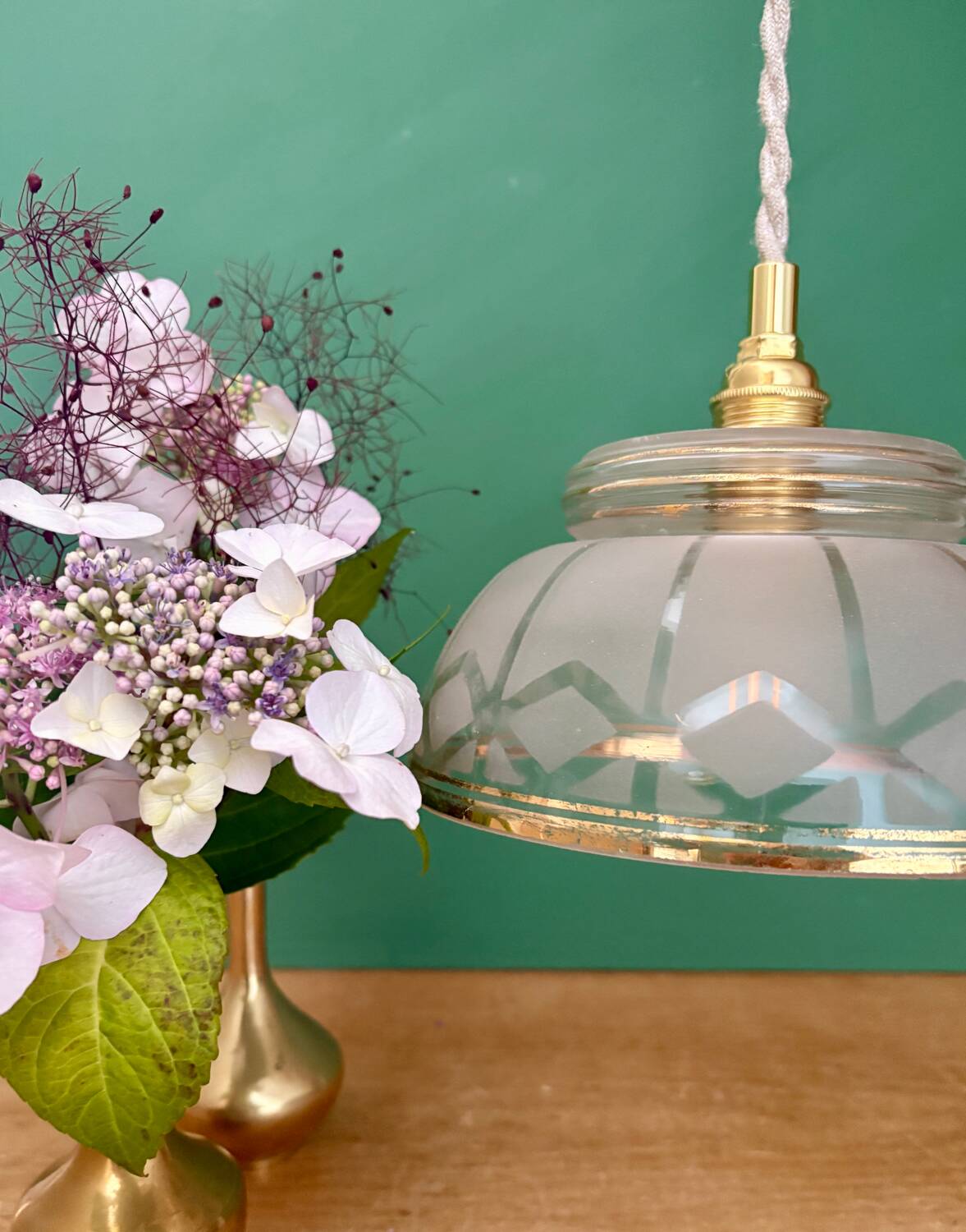 Vintage pendant lamp shade in white and gold frosted glass