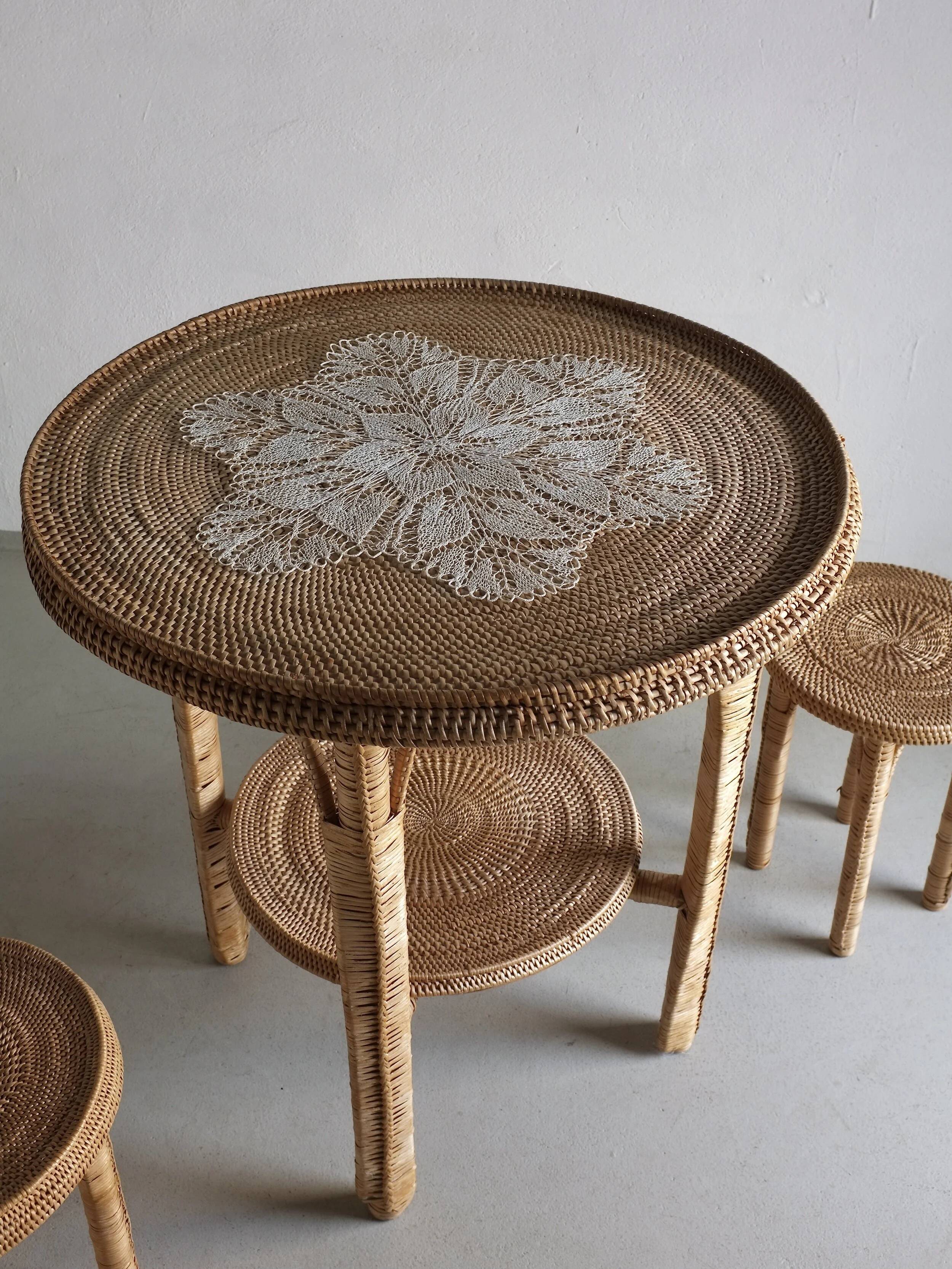 Vintage woven wicker table set | 1980s