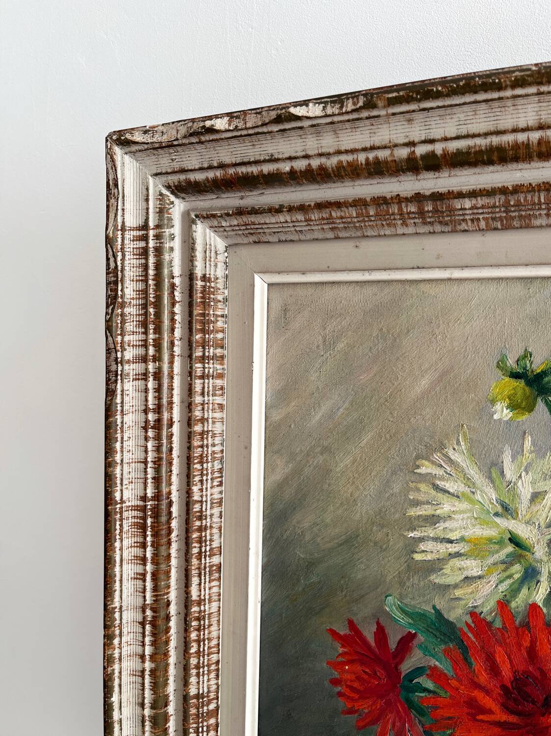 Peinture ancienne tableau huile sur toile fleurs dahlias 