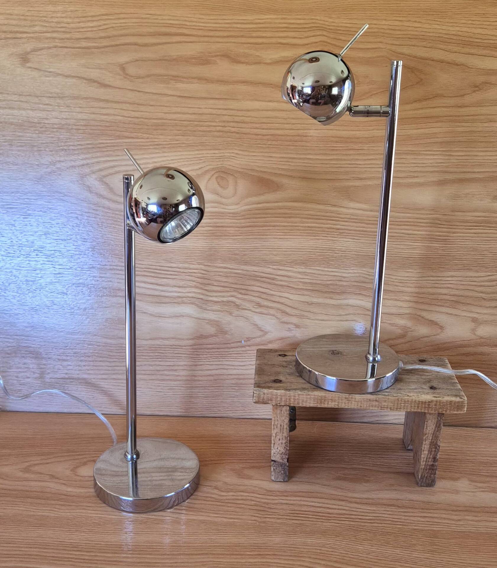 Set of 2 vintage 1970s chrome steel eye ball lamps.