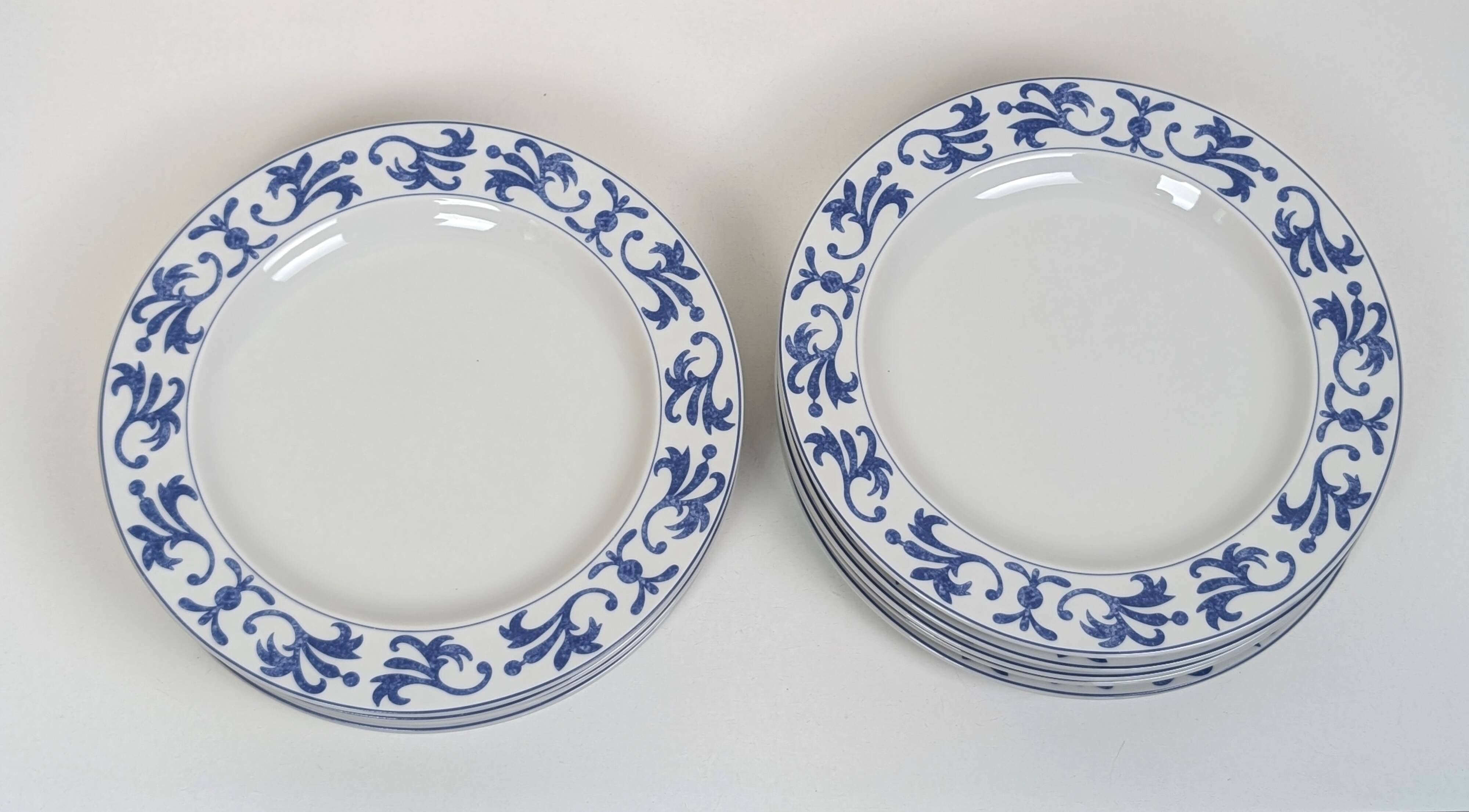 Set of 10 white and blue flat plates