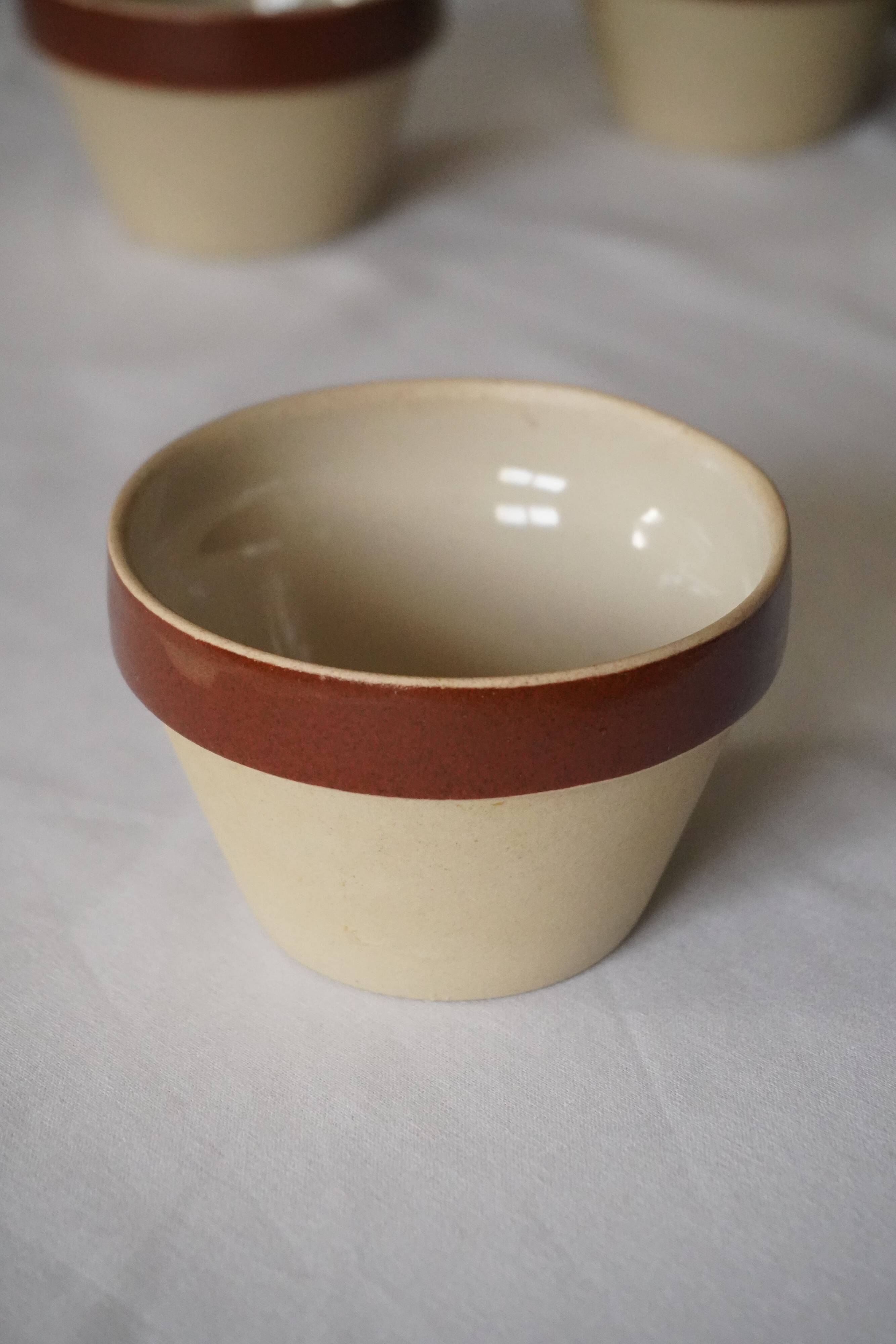 Set of 4 small stoneware bowls, beige and brown, Digoin France