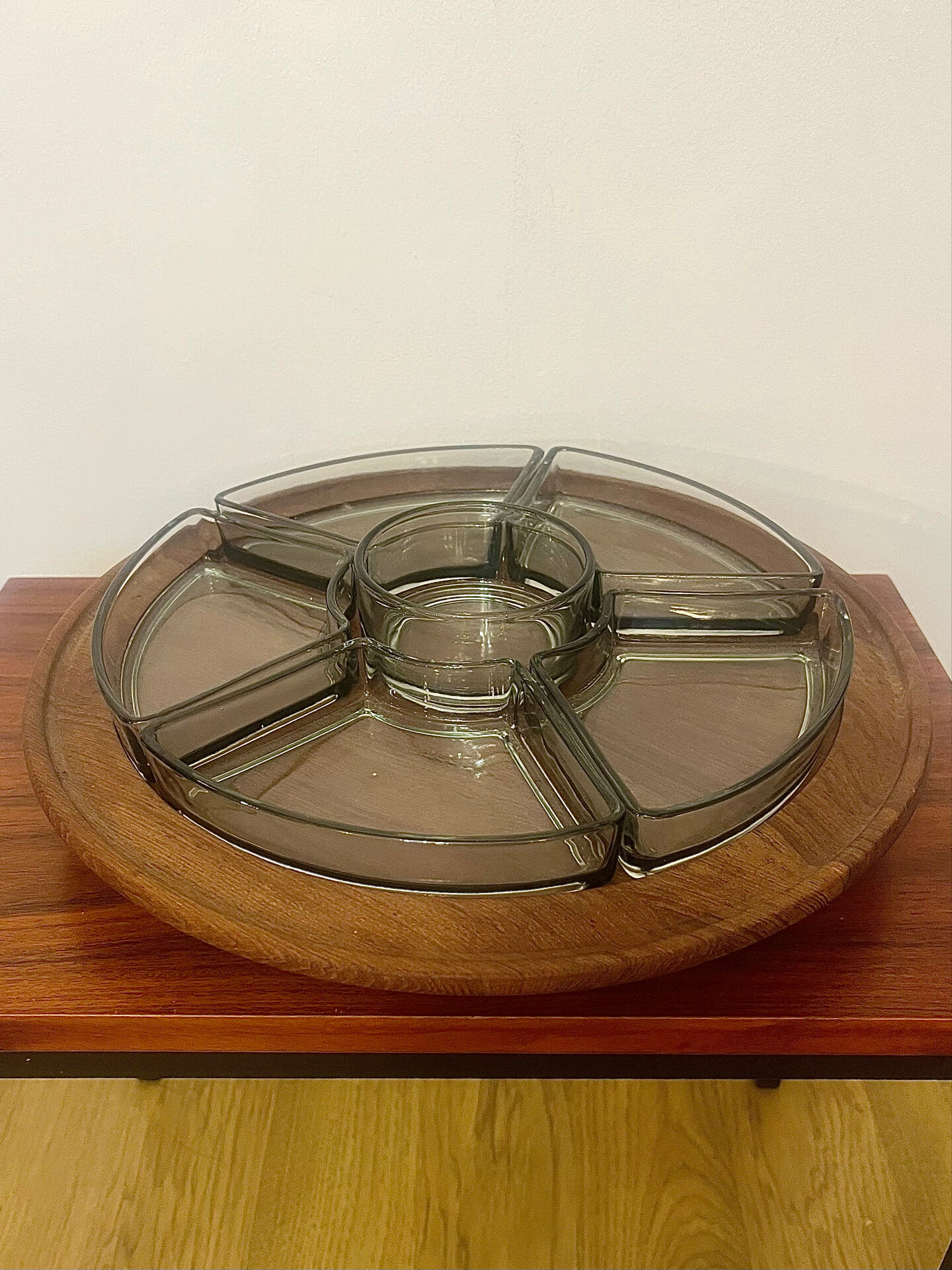 Digsmed vintage teak plateau – rotating Lazy Susan with 6 ramekins – of