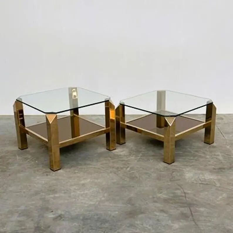 Set of 2 Belgo coffee tables in chrome brass and glass, Belgium, 1970s
