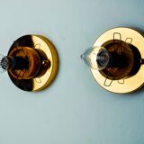 Pair of circular "cocoon" wall lights, resin and pine, Italy, 1970