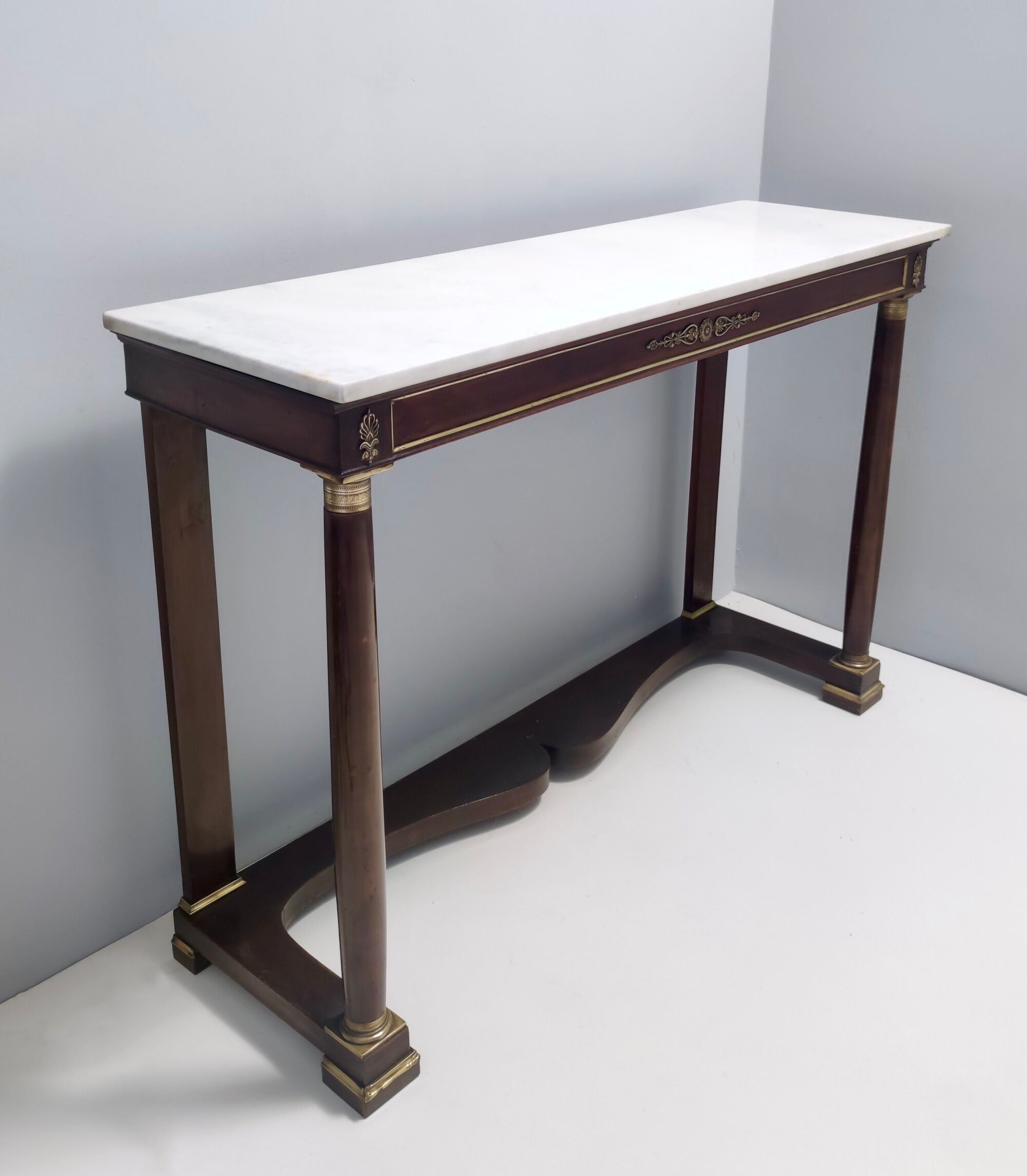 Neoclassical Style Walnut Console with a Rectangular Carrara Marble Top, Italy