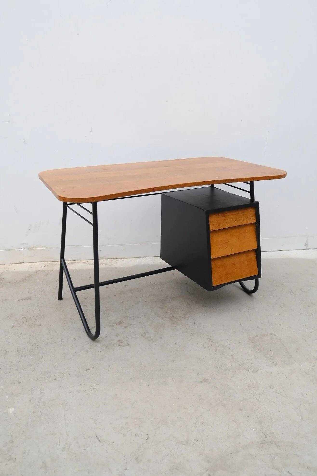 Wooden and metal desk, France 1950