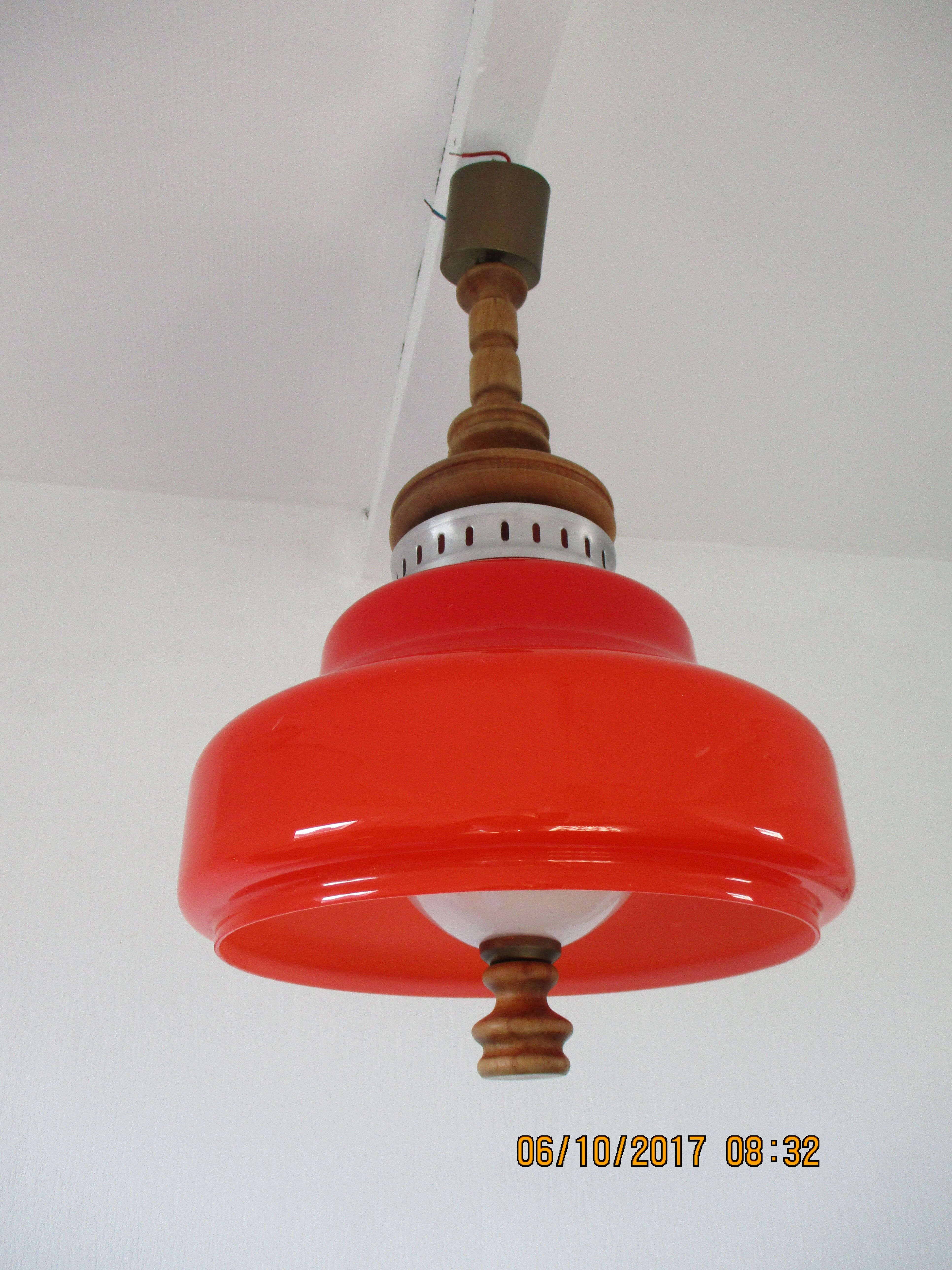 Large suspension in orange opaline and wood design 70s