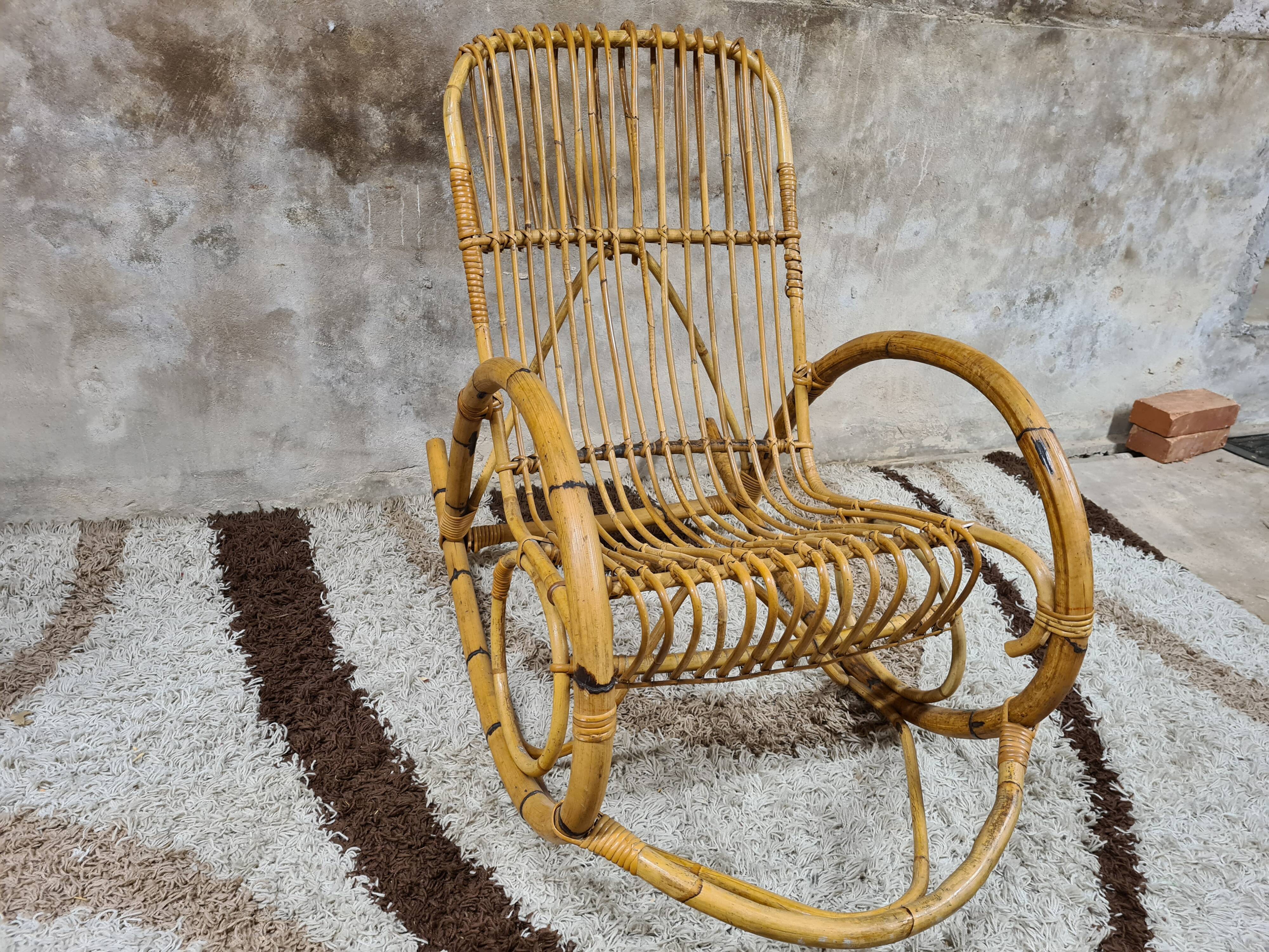 Rocking-chair rattan bamboo 60s