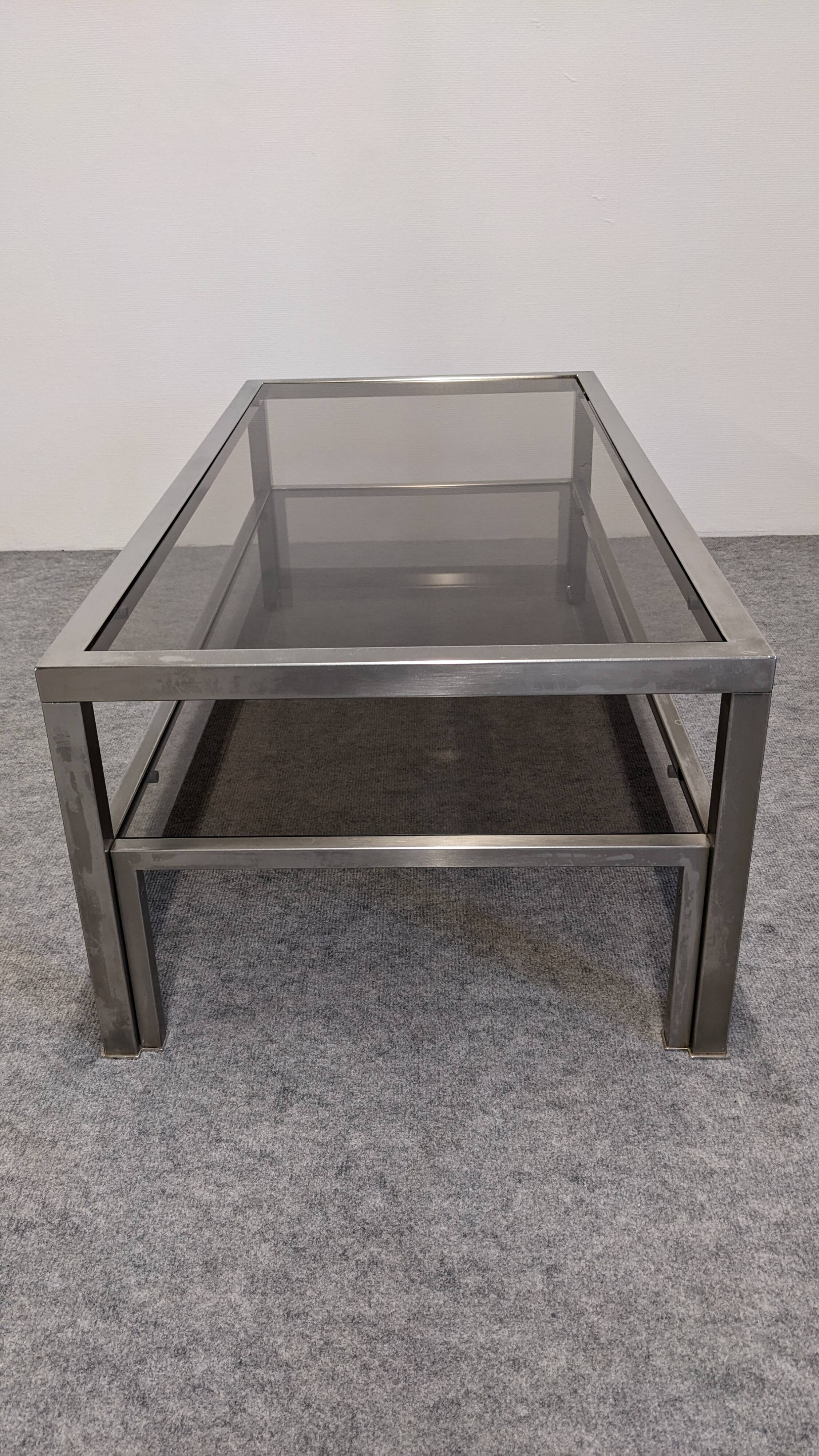 Table basse à 2 plateaux en inox brossé et verre fumé, France vers 1970