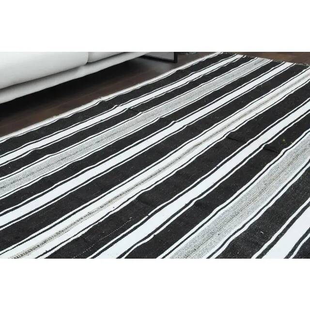 1970s Vintage Turkish Oushak Handmade  White Black Runner Rug  182x296