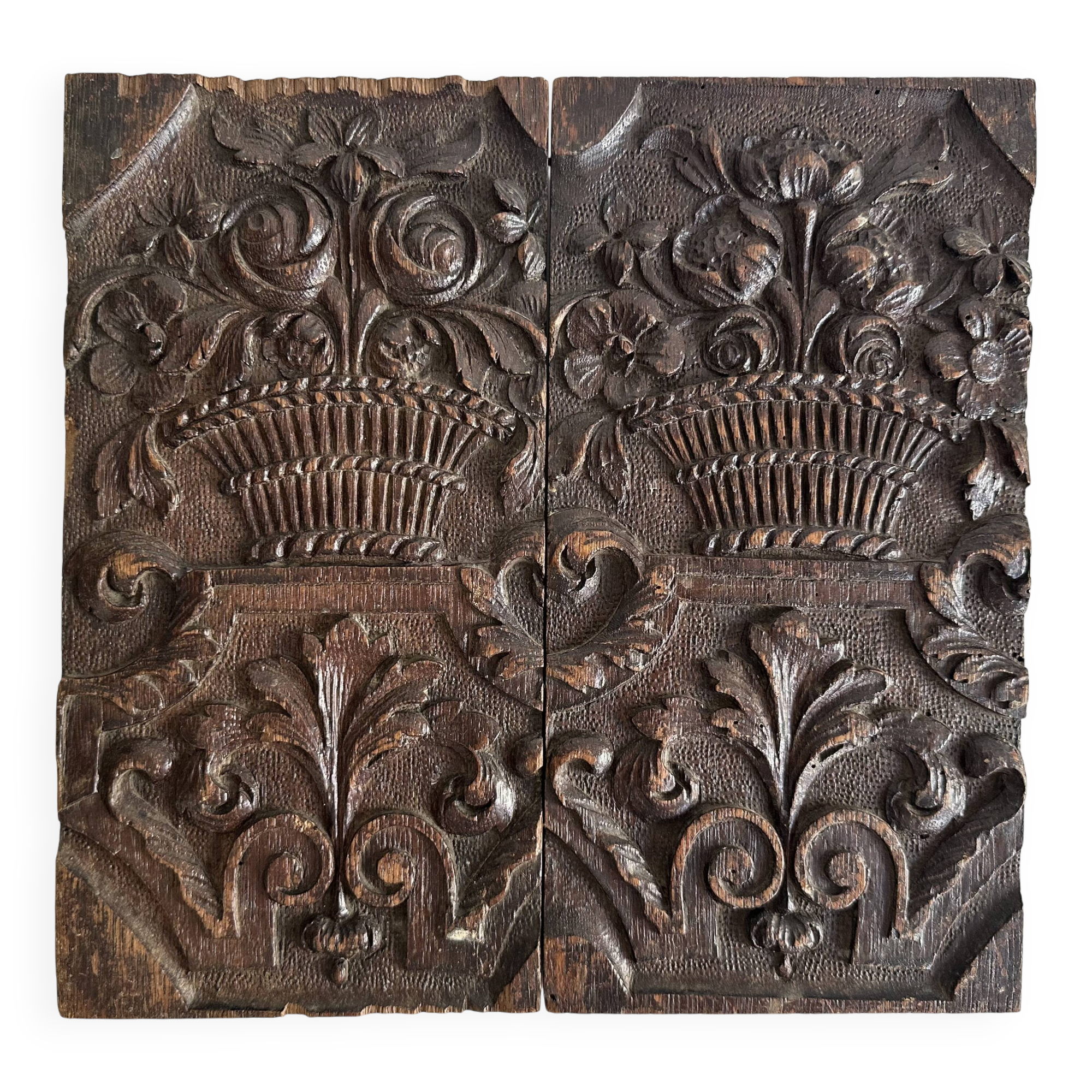 Pair of antique decorative panels in carved wood, 19th century