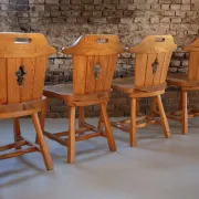 Set of four sculptural pine dining chairs – 1970s