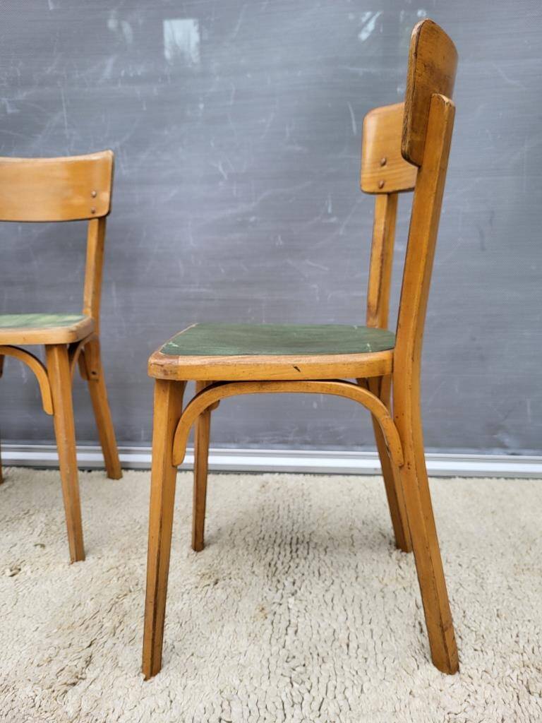 Trio chaises bistrot Baumann 1950 simili vert chiné
