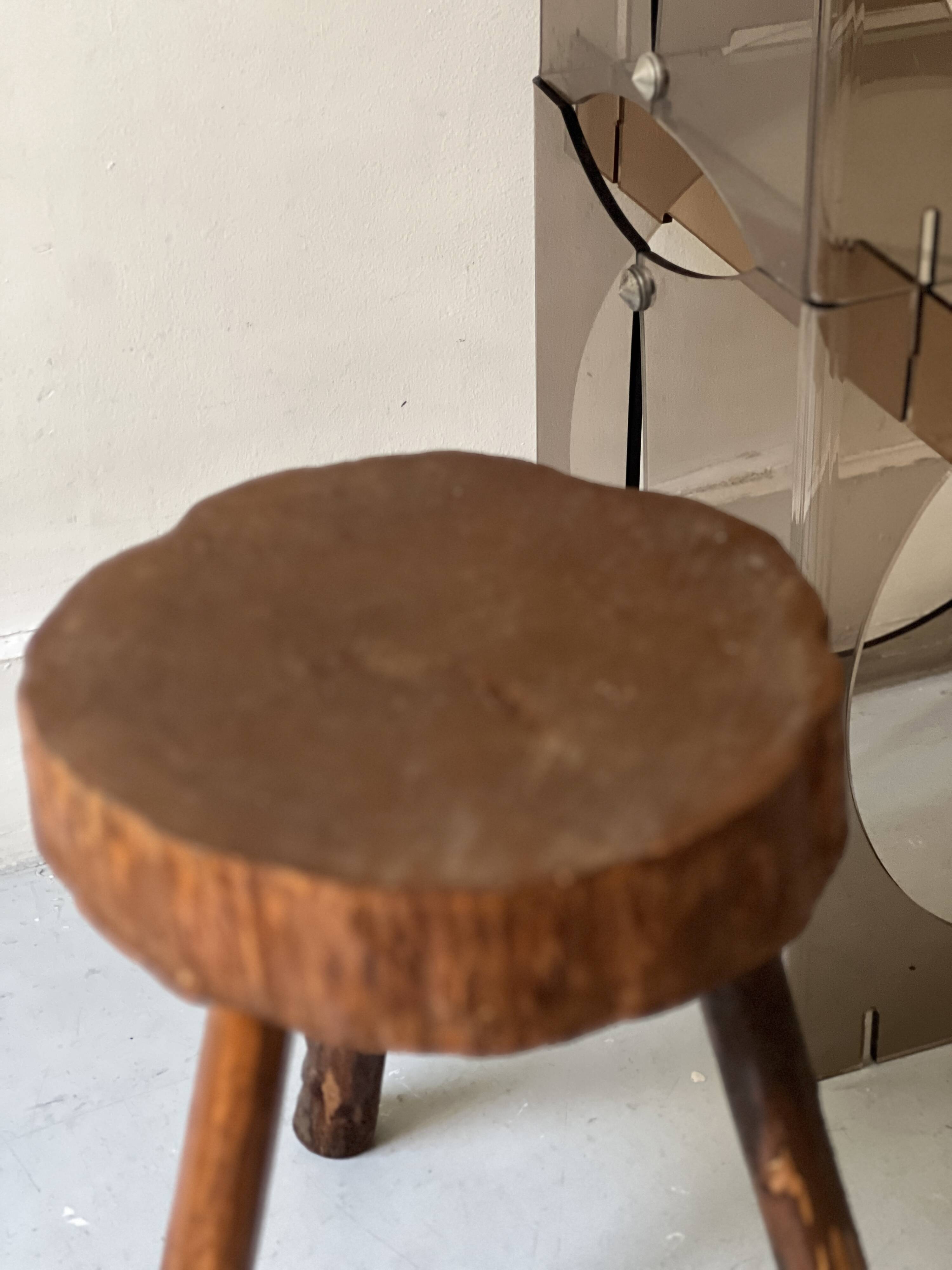 brutalist solid wood tripod stool, France circa 1960