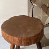 brutalist solid wood tripod stool, France circa 1960