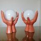 Paire de lampes "mains" en céramique rose et globe en opaline, 1980