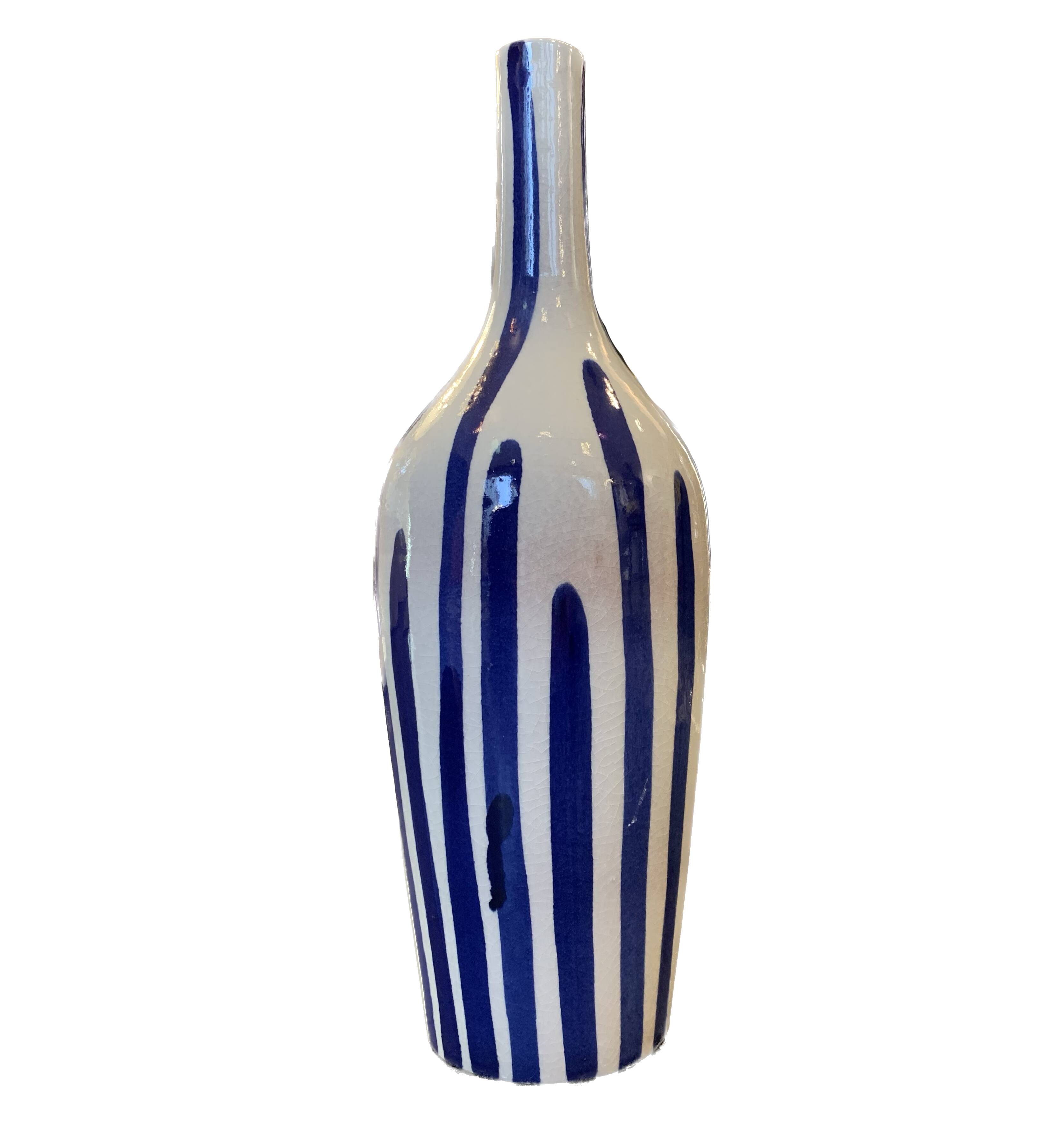 Ceramic vase bottle stripes blue white