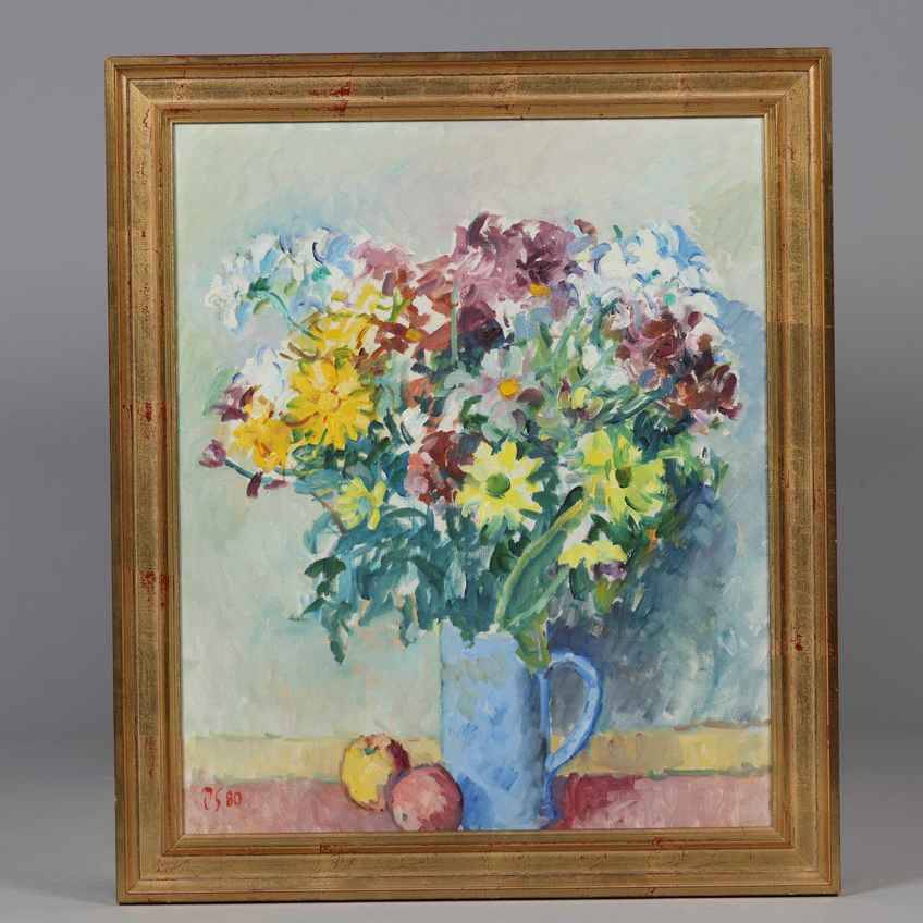 Original Swedish Oil On Canvas – “Still Life With Flowers In Vase” By Jan Sonne (1909-96) 1980 – Vintage & Framed