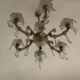 Vintage ceiling light with transparent glass pendants and patinated gold metal, 1960s.