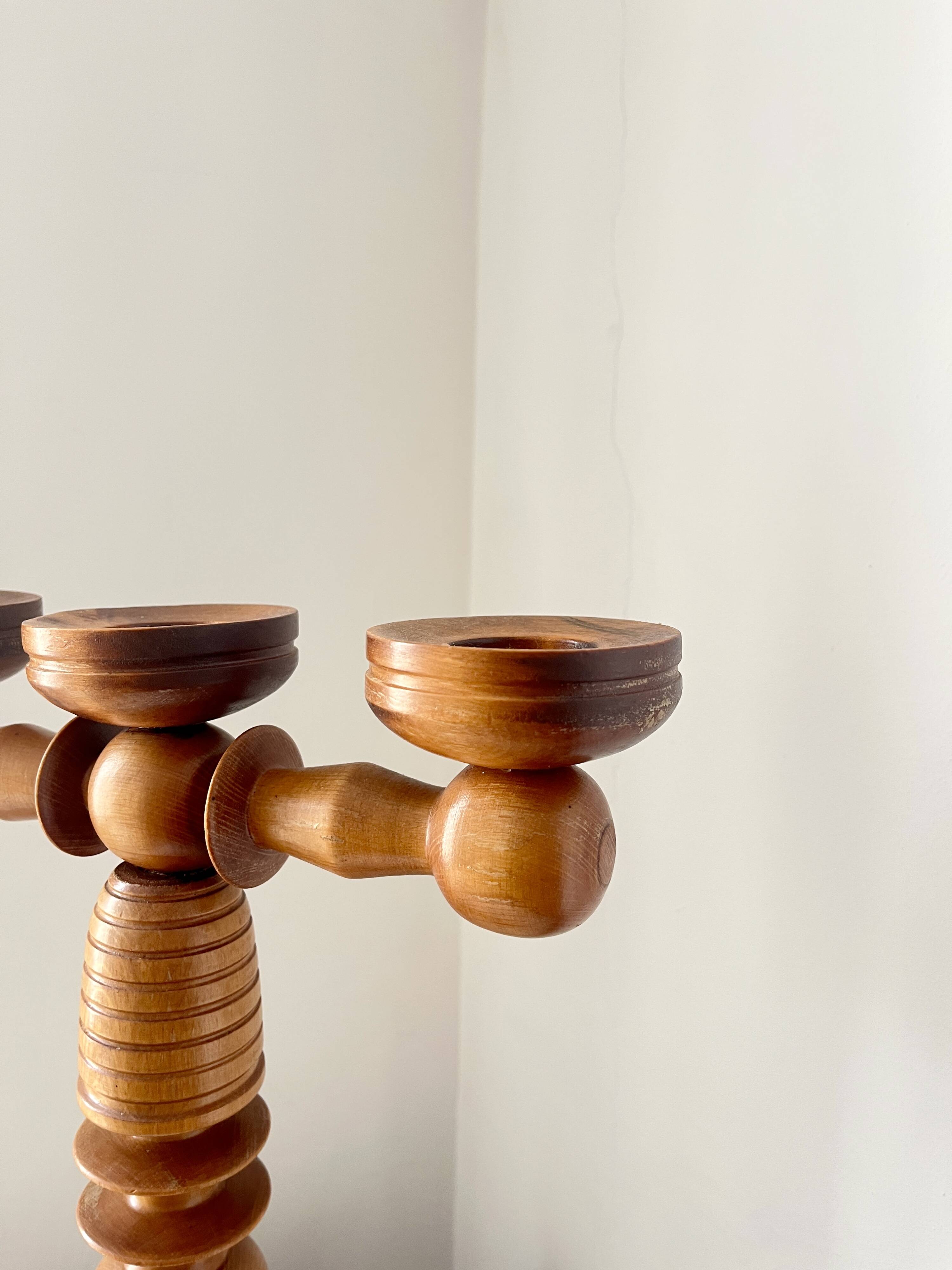 Vintage Scandinavian Wooden Candle holder with 3 arms, Mid-Century Modern