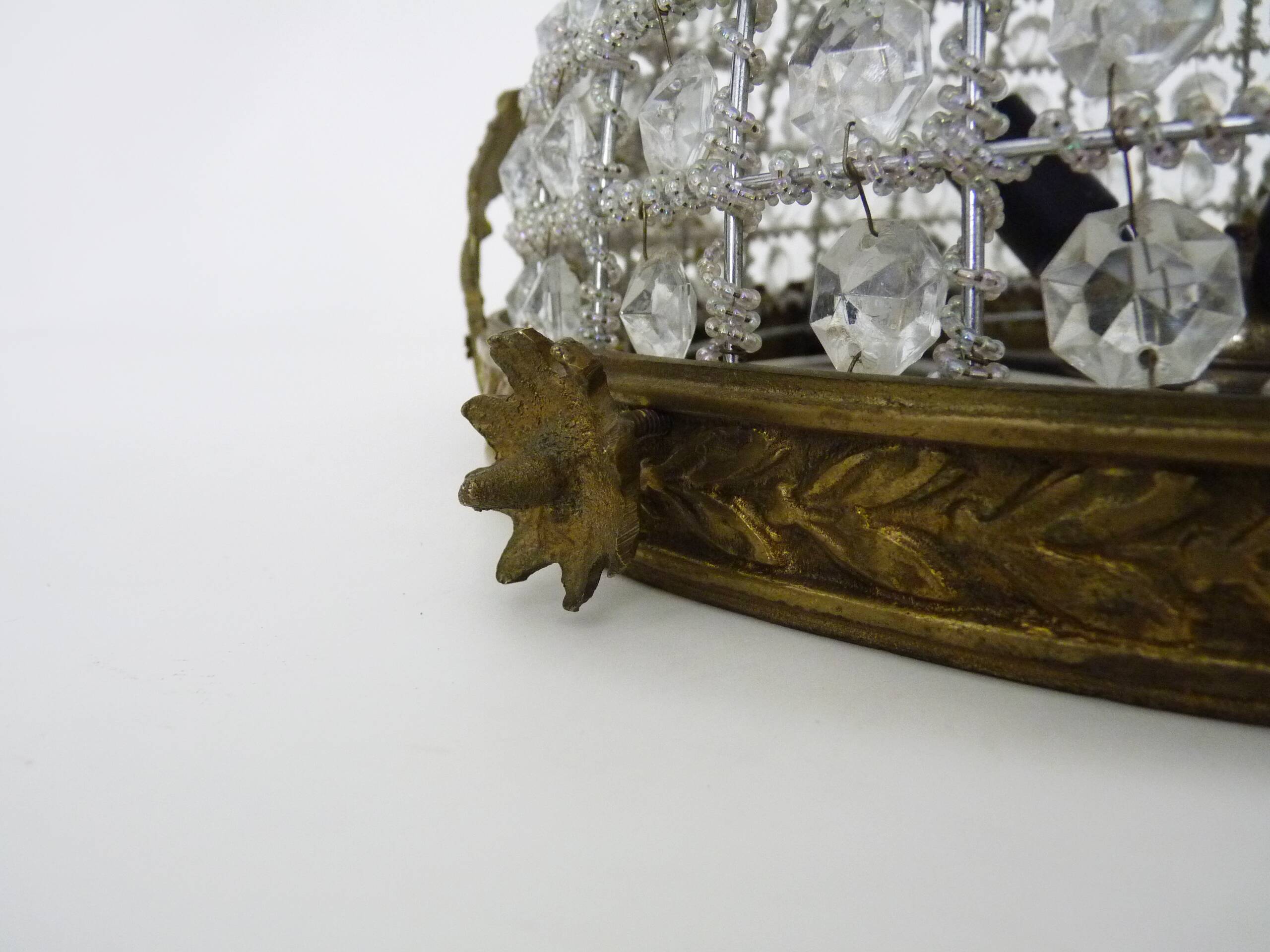 Half-basket ceiling light with 3 bronze lights and glass pendants. 1980s