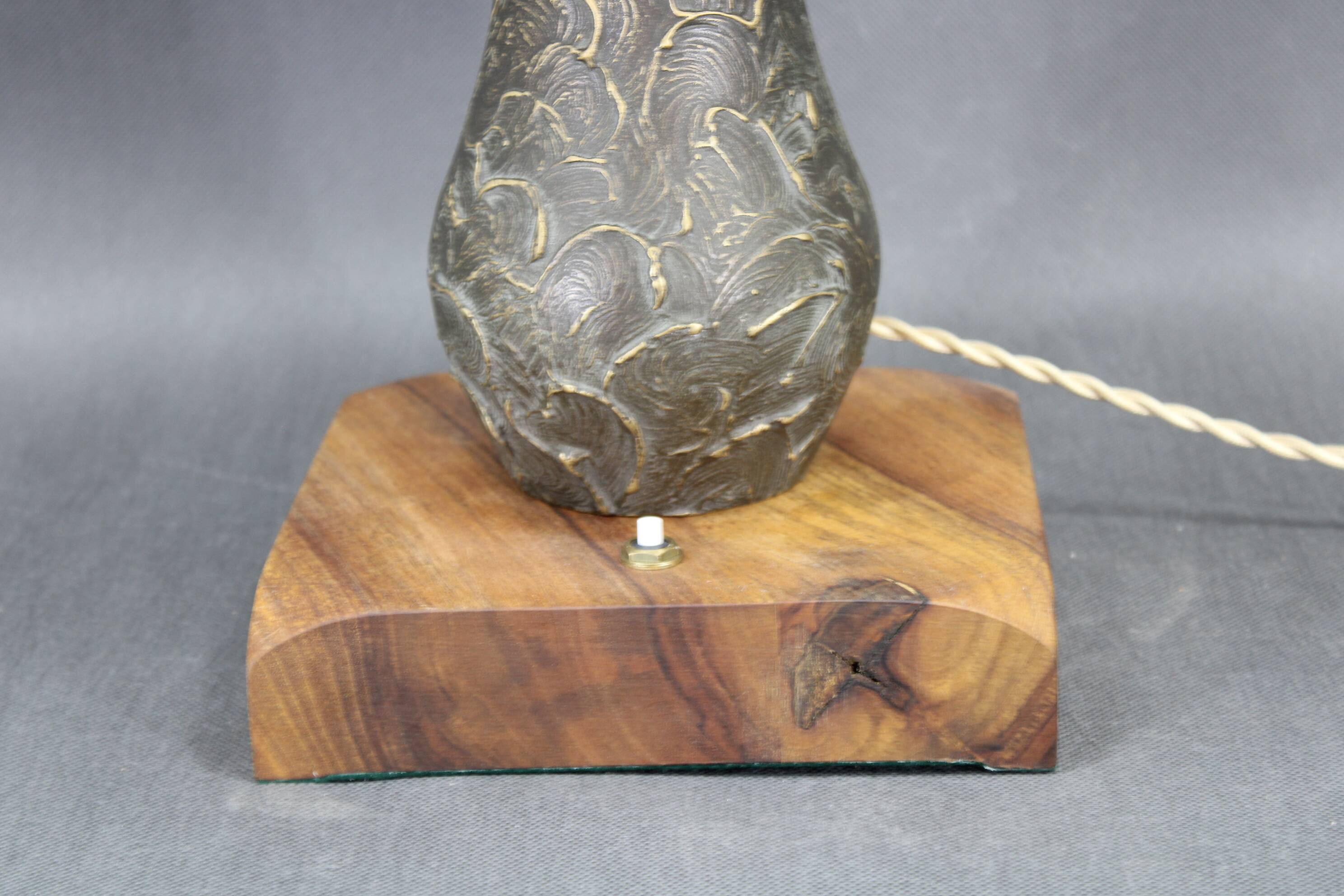 1940s restored brass table lamp with wooden base and glass shade