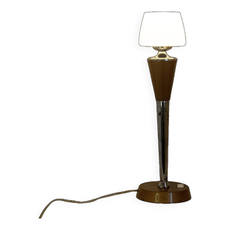 Vintage French Art Deco side table lamp Chrome and Opaline 1950s Accent light