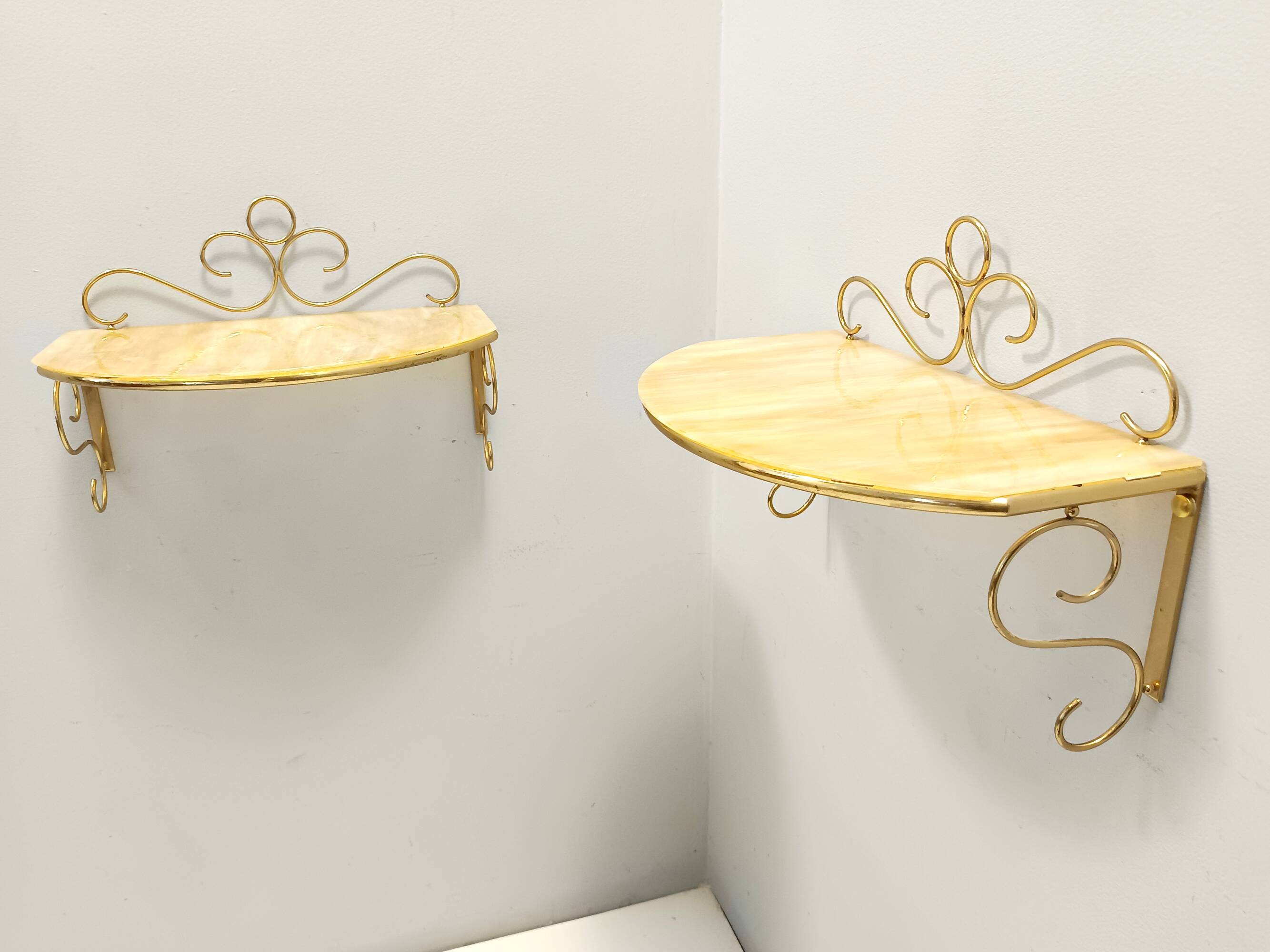 Pair of Wall-Mounted Brass and Murano Glass Console Tables / Nightstands
