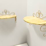 Pair of Wall-Mounted Brass and Murano Glass Console Tables / Nightstands