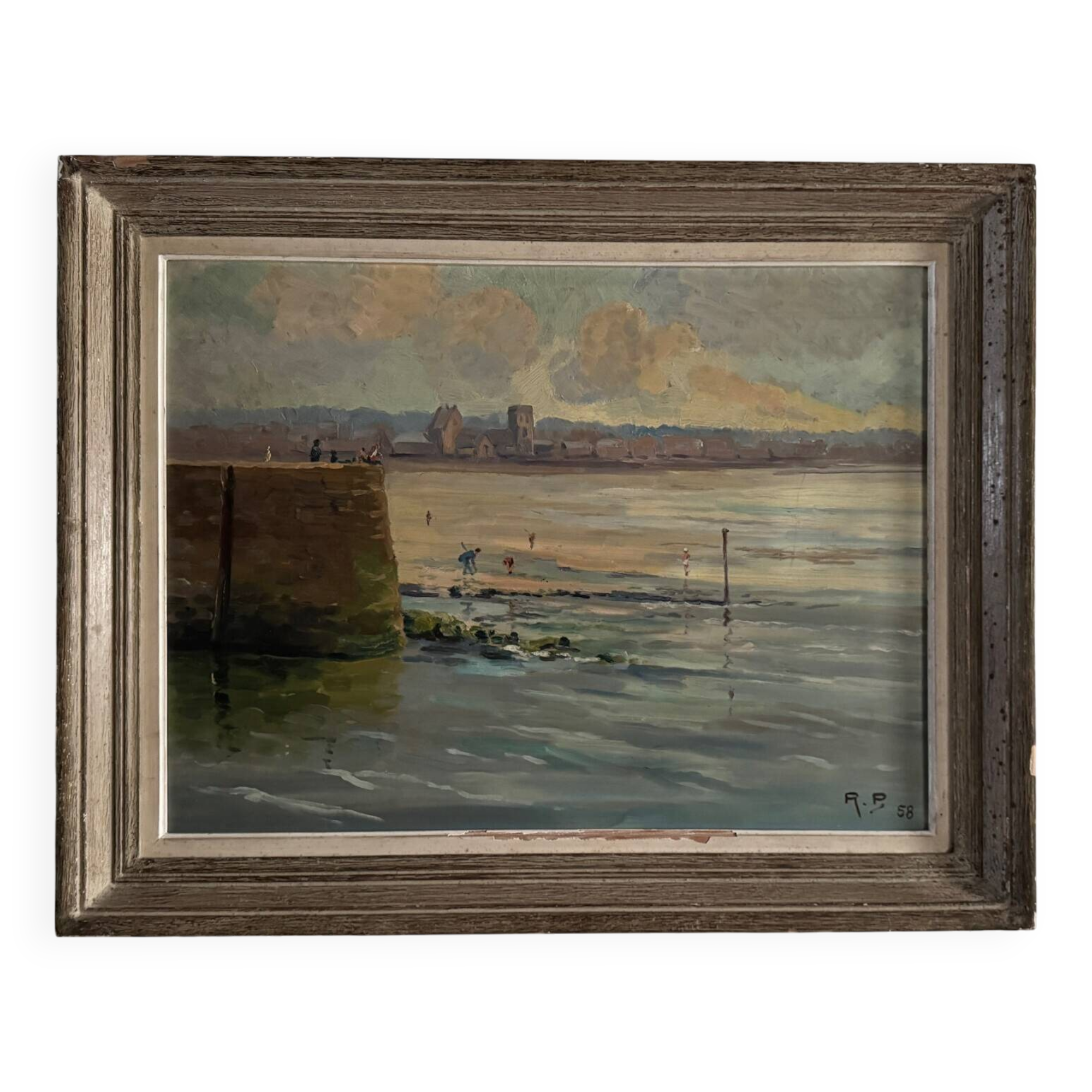 Oil on hardboard beachfront with fishermen on foot 1958 by RP