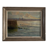 Oil on hardboard beachfront with fishermen on foot 1958 by RP