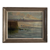 Huile sur Isorel bord de plage avec pêcheurs à pied 1958 par R.P.