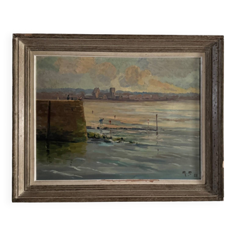 Oil on hardboard beachfront with fishermen on foot 1958 by RP