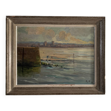 Oil on hardboard beachfront with fishermen on foot 1958 by RP