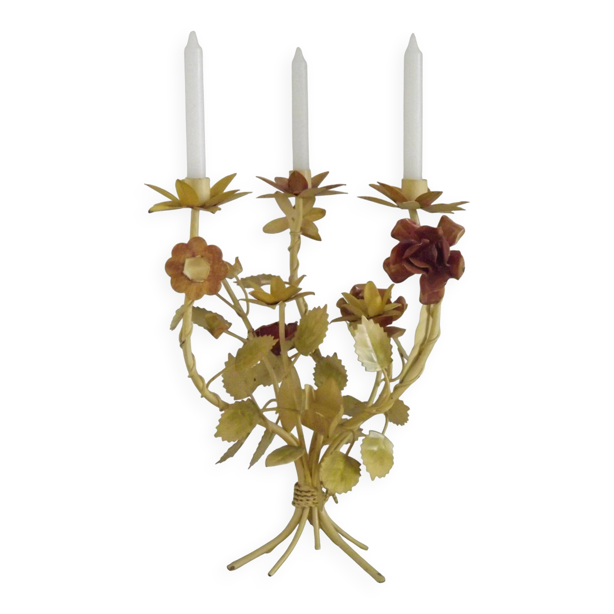 Large Vintage French FloralThree Arm Candelabra – Tied Bouquet Style