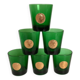 Six asymmetrical vintage green glass glasses