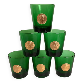 Six asymmetrical vintage green glass glasses
