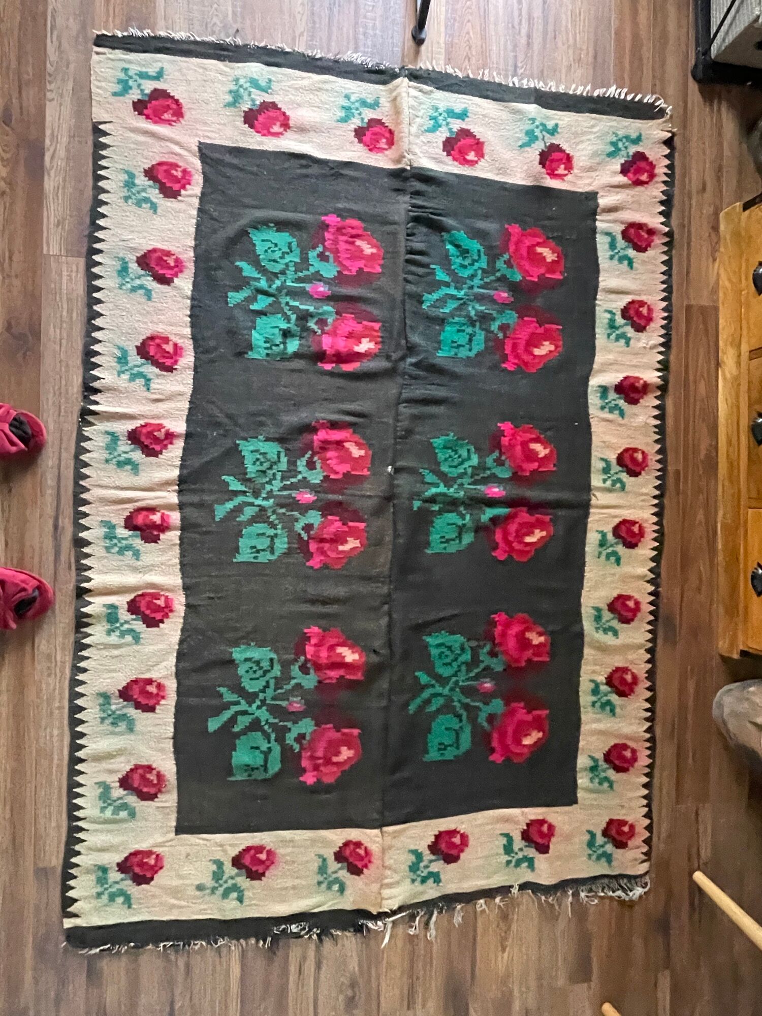 Very Old Romanian floral handwoven carpet made in wool, bohemian design
