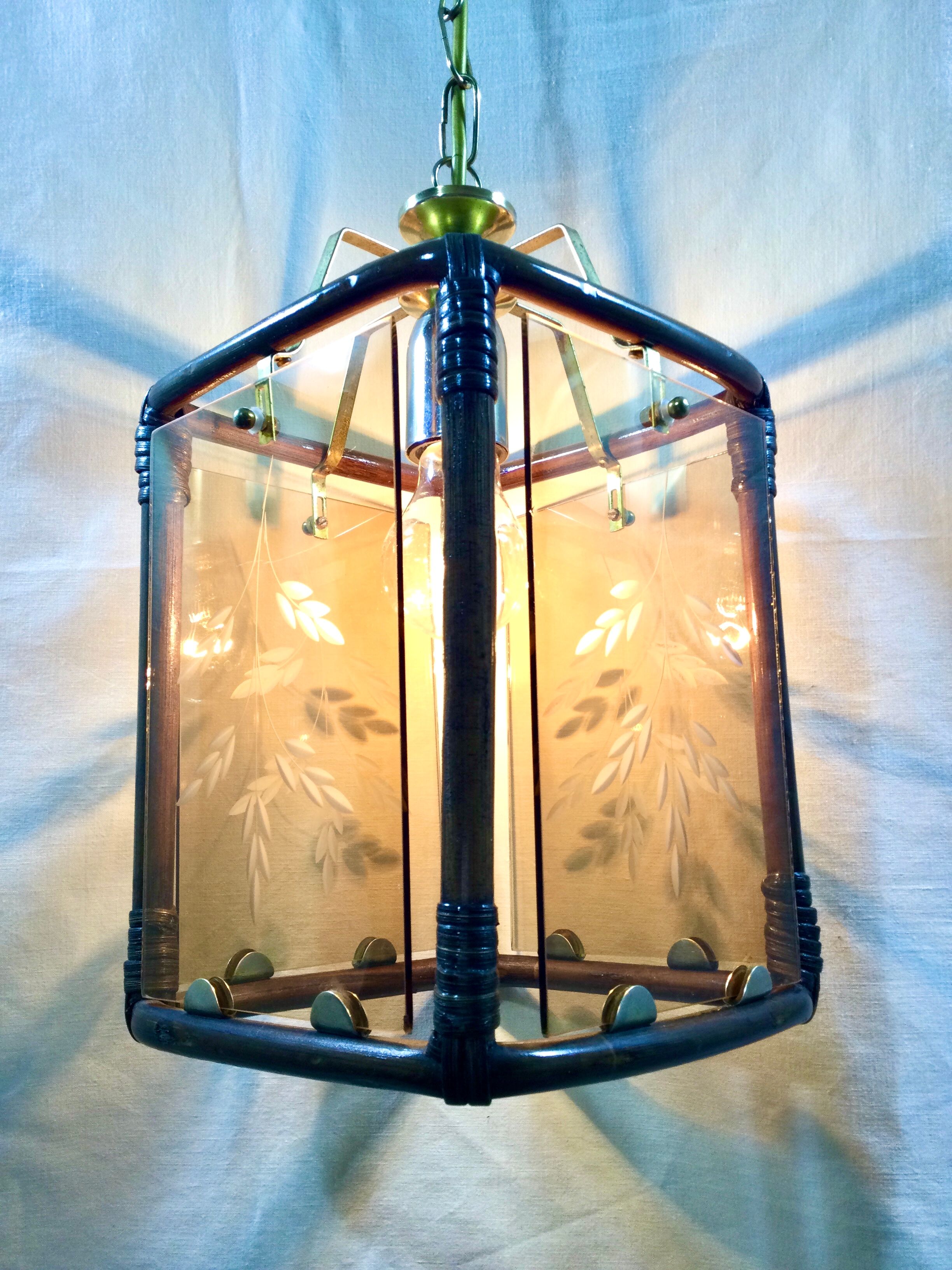 Lantern 1 light bamboo and smoked glasses