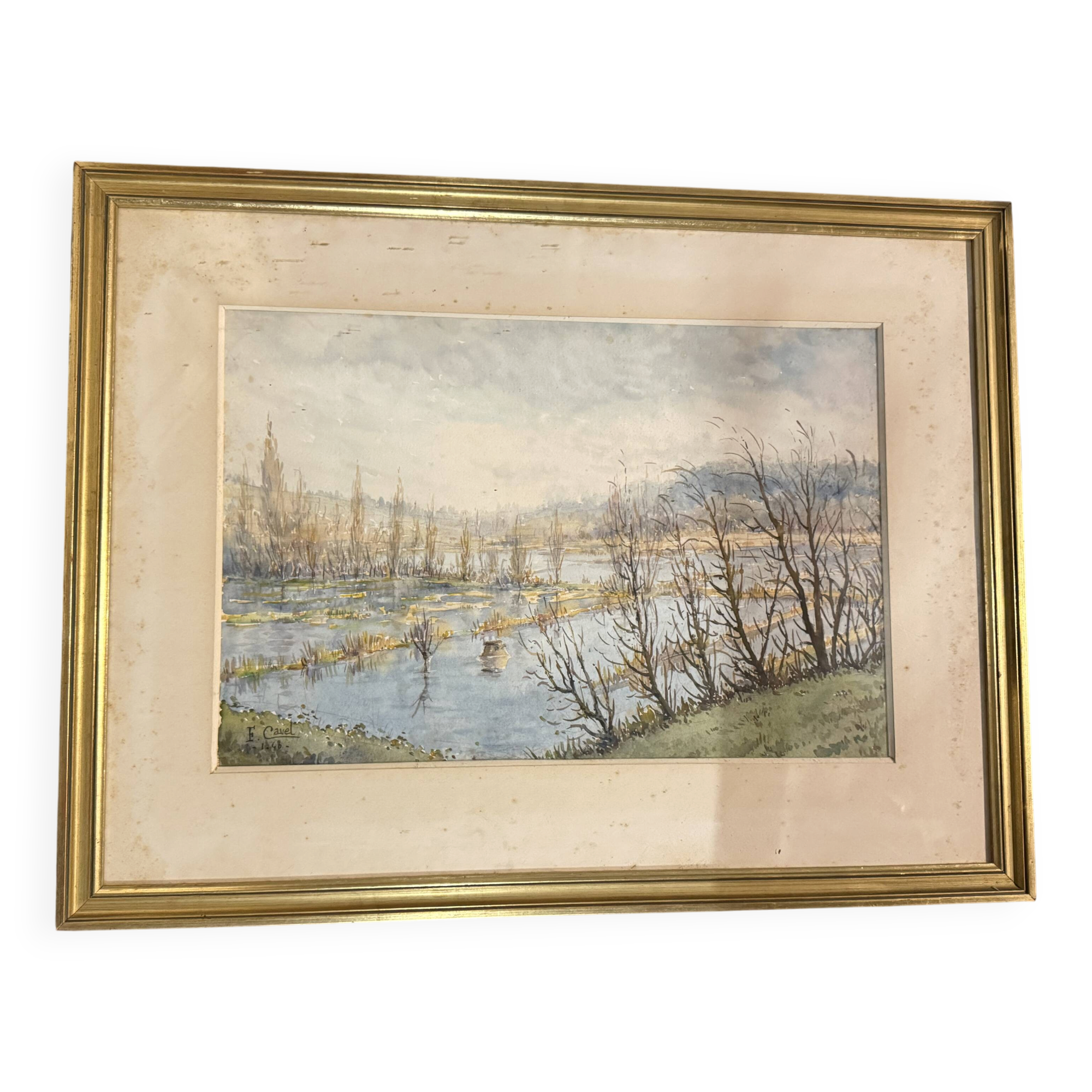 Lithograph Marsh Landscape Signed F Cavel