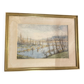 Lithograph Marsh Landscape Signed F Cavel