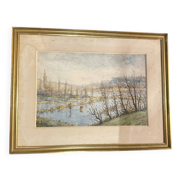 Lithograph Marsh Landscape Signed F Cavel