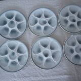 6 assiettes a huitres barbotine moulin des loups  bleu gris 1492 faience ancienne