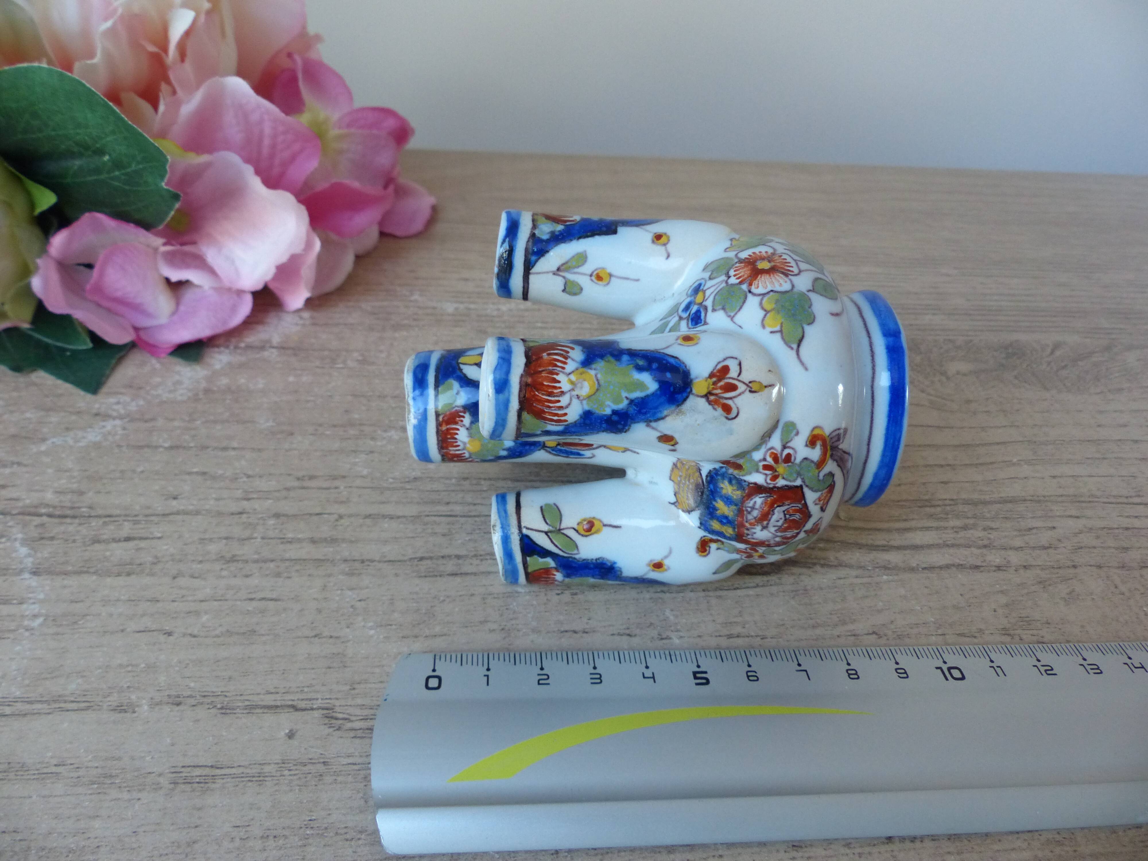 Old small flower vase, Rouen earthenware, hand-painted, miniature vase